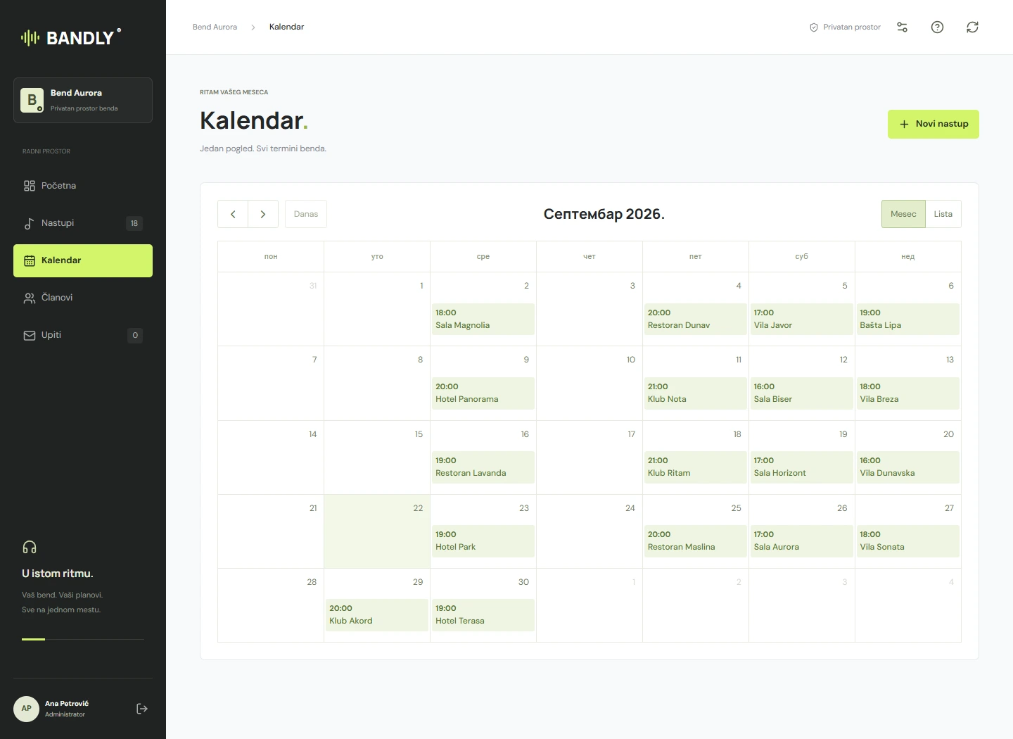 Mesečni BANDLY kalendar sa prostorom i vremenom svirke